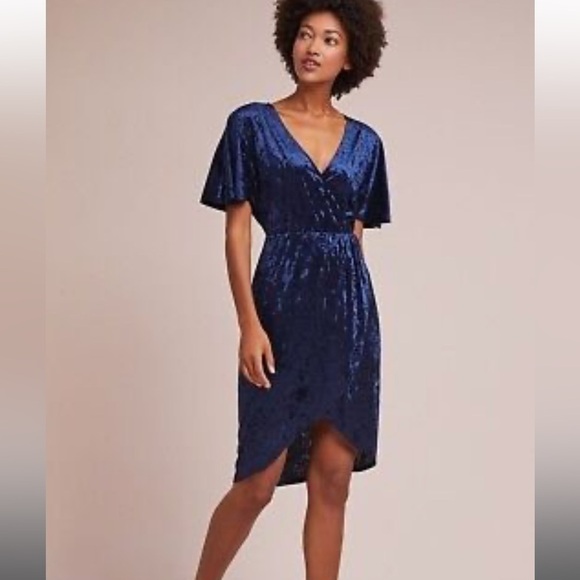 Sunday In Brooklyn Anthropologie Blue Velvet Plisse V Neck Dress - Picture 1 of 4